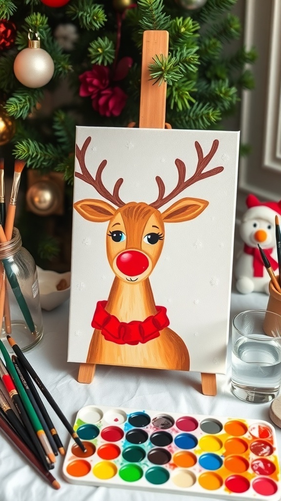 A cheerful reindeer painting on a canvas with snowflakes in the background, surrounded by painting supplies.